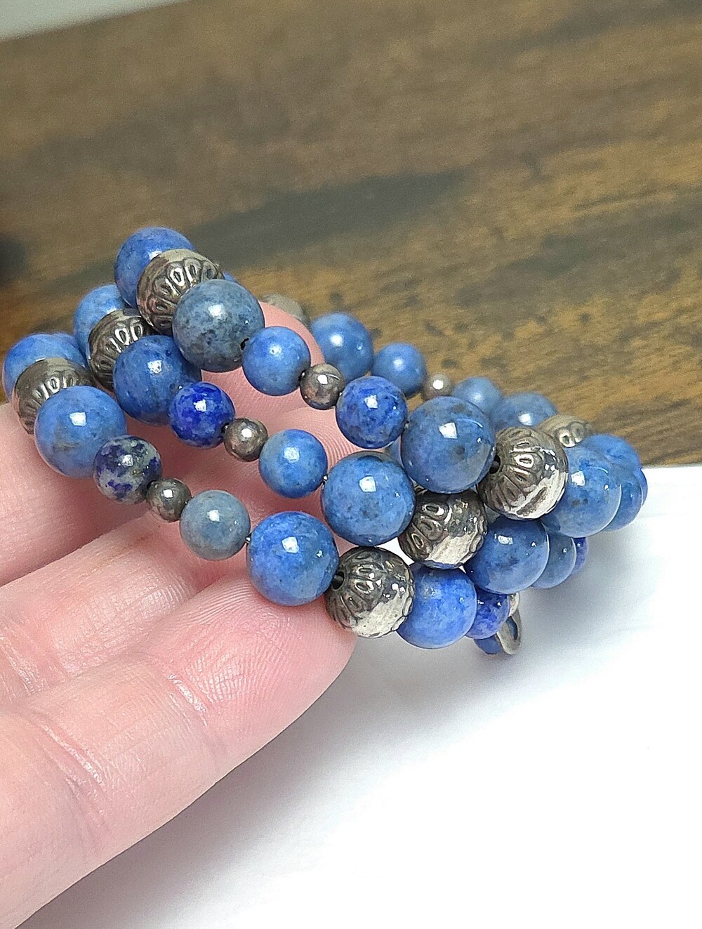 Vintage Lapis Lazuli Stone & Sterling Silver Beaded Wrap Bracelet Carlise CP 925
